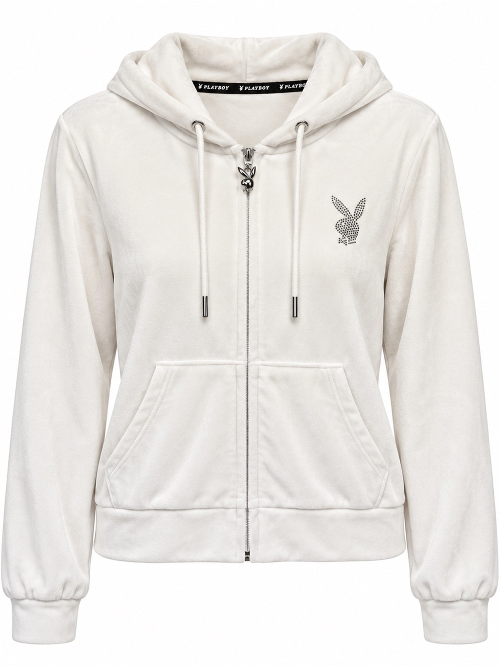 Playboy White Velour Rhinestone Bunny Zip Hoodie Y2K Medium